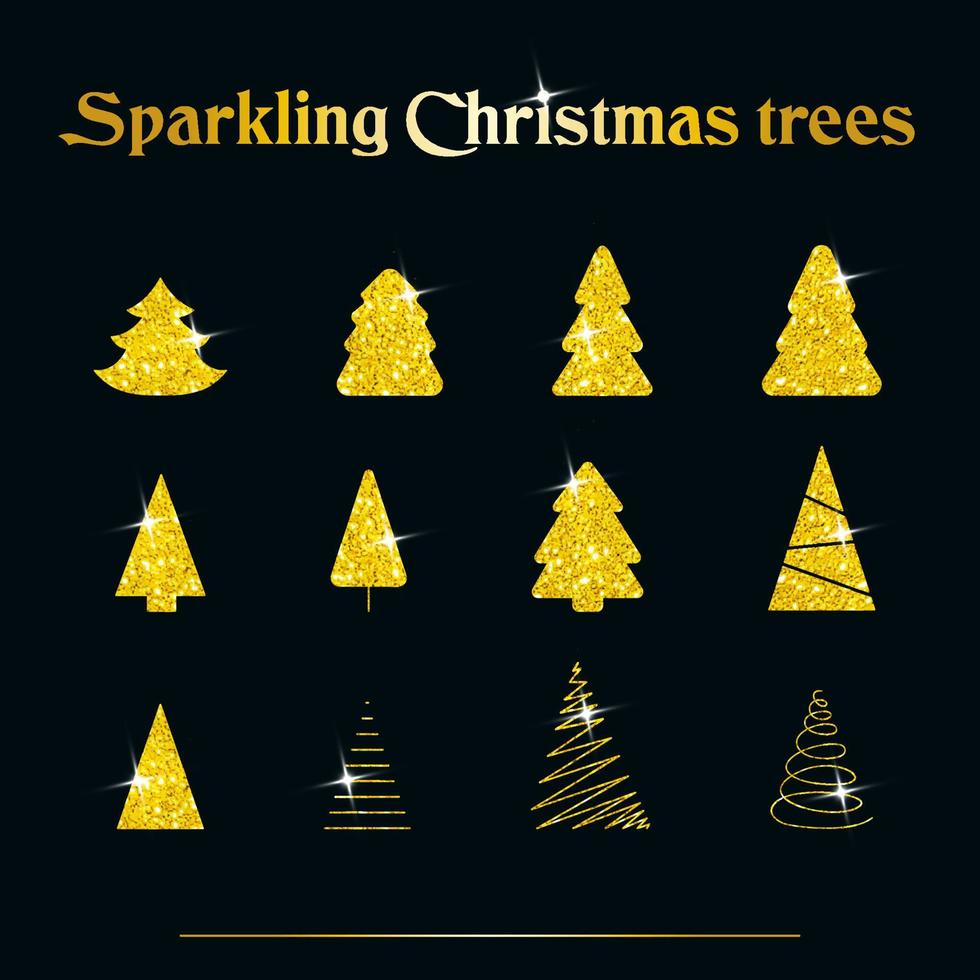 Sparkling Christmas Tree. Golden metallic. Merry Christmas and Happy New Year 2022. Vector illustration.