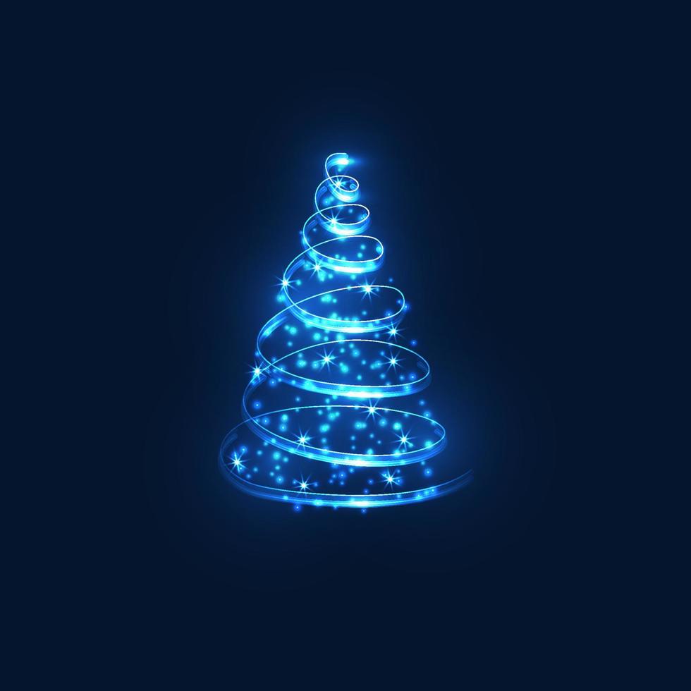 Glowing Magic Christmas Tree. Blue twinkling wonderful lights. Merry Christmas and Happy New Year 2022. Vector illustration.