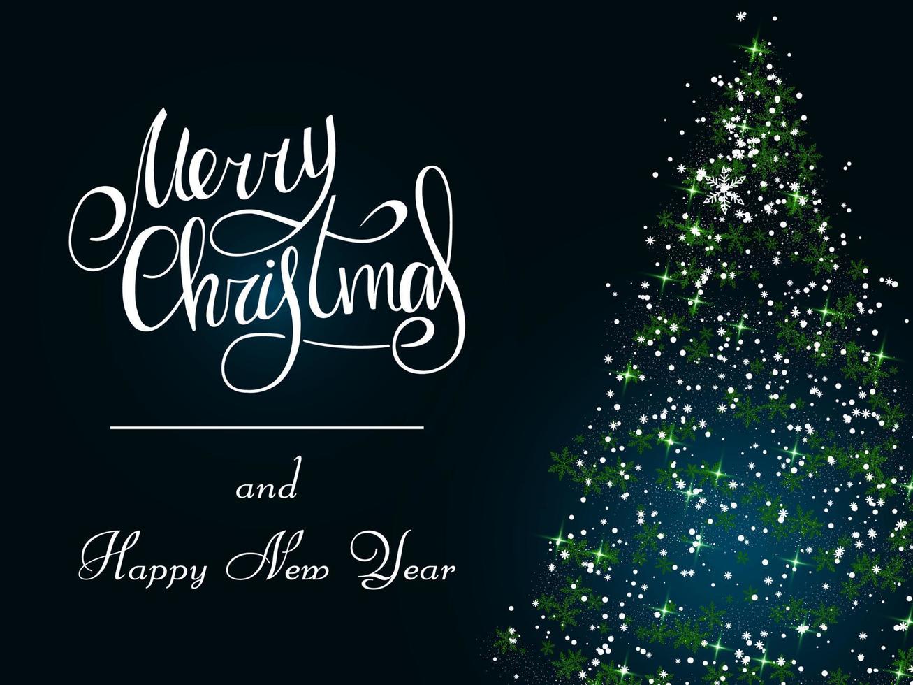 Handwritten white lettering with snowflake on a dark blue background. Magic green Christmas tree of snowflakes. Merry Christmas and Happy New Year 2022. vector