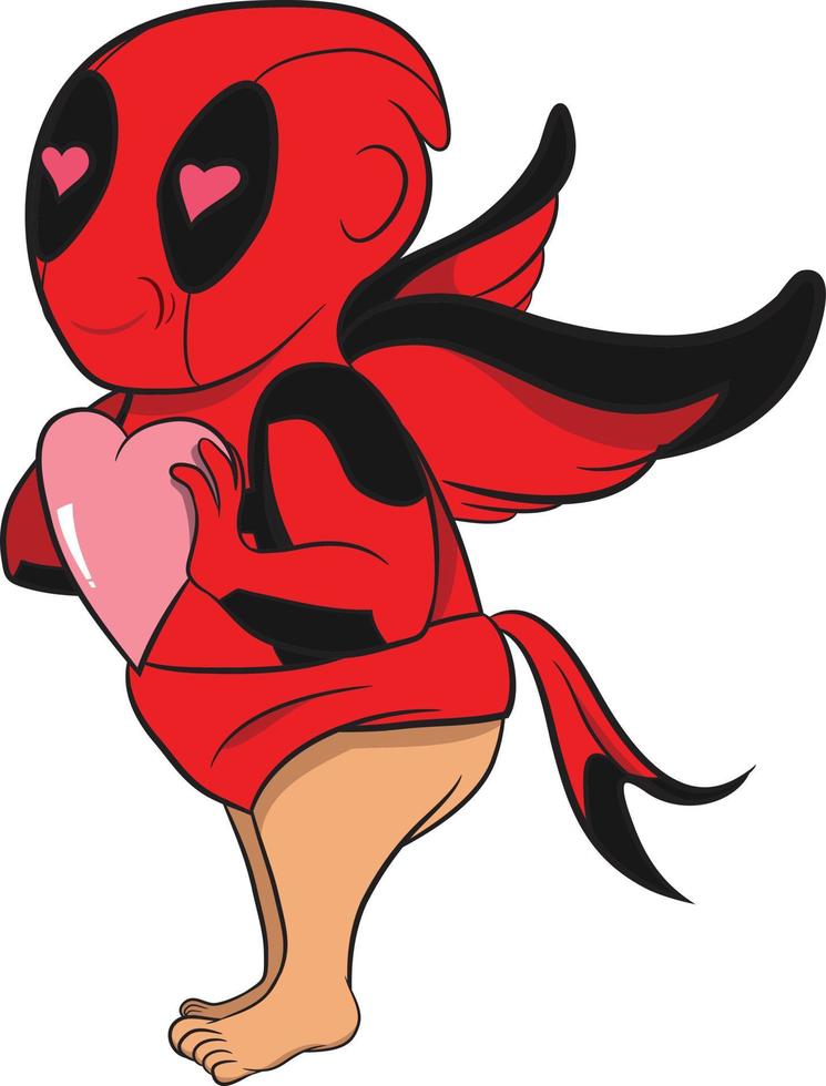 Deadpool Fanart. Cupid the love god dressed as Deadpool holding a heart in his hands. Cute Valentines Day Vector graphic isolated on white background.