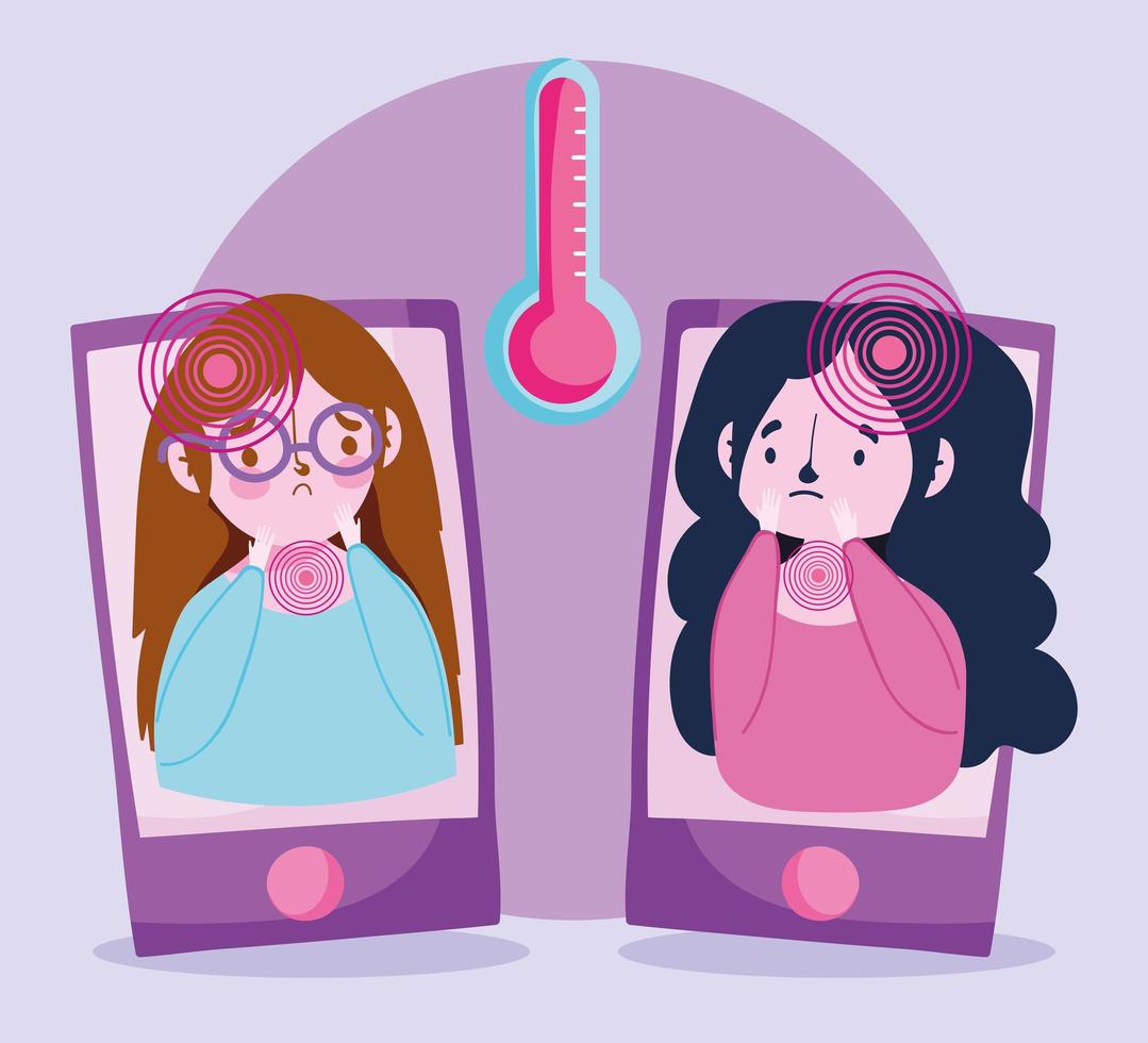 covid 19 coronavirus, smartphone people with symptoms fever vector