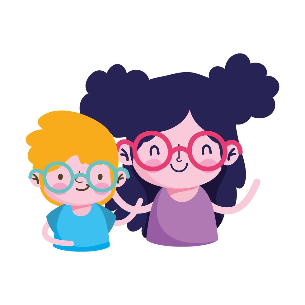 Dibujos animados de niño y niña aislados con diseño de vector de gafas