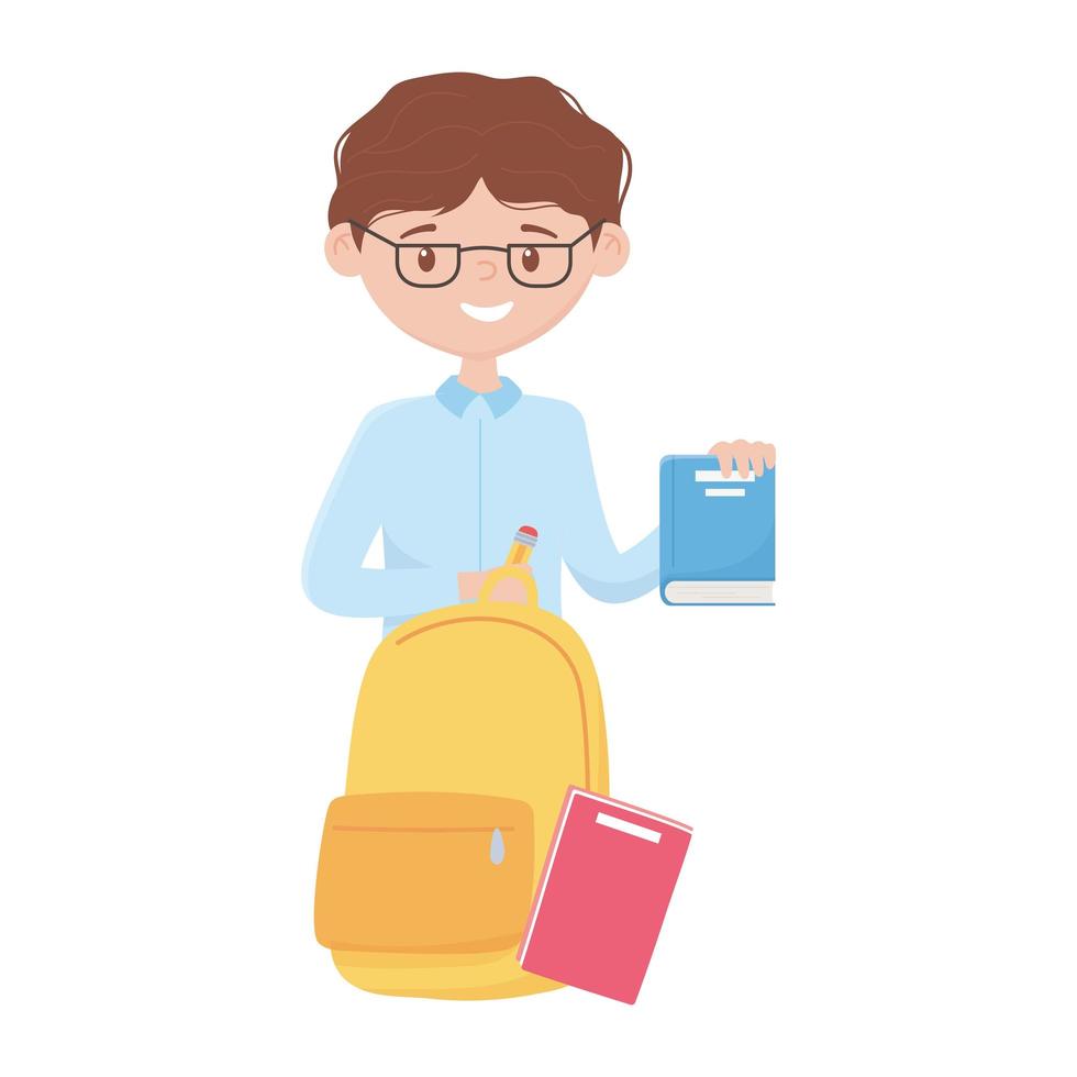 School boy with pencil bag and books vector design