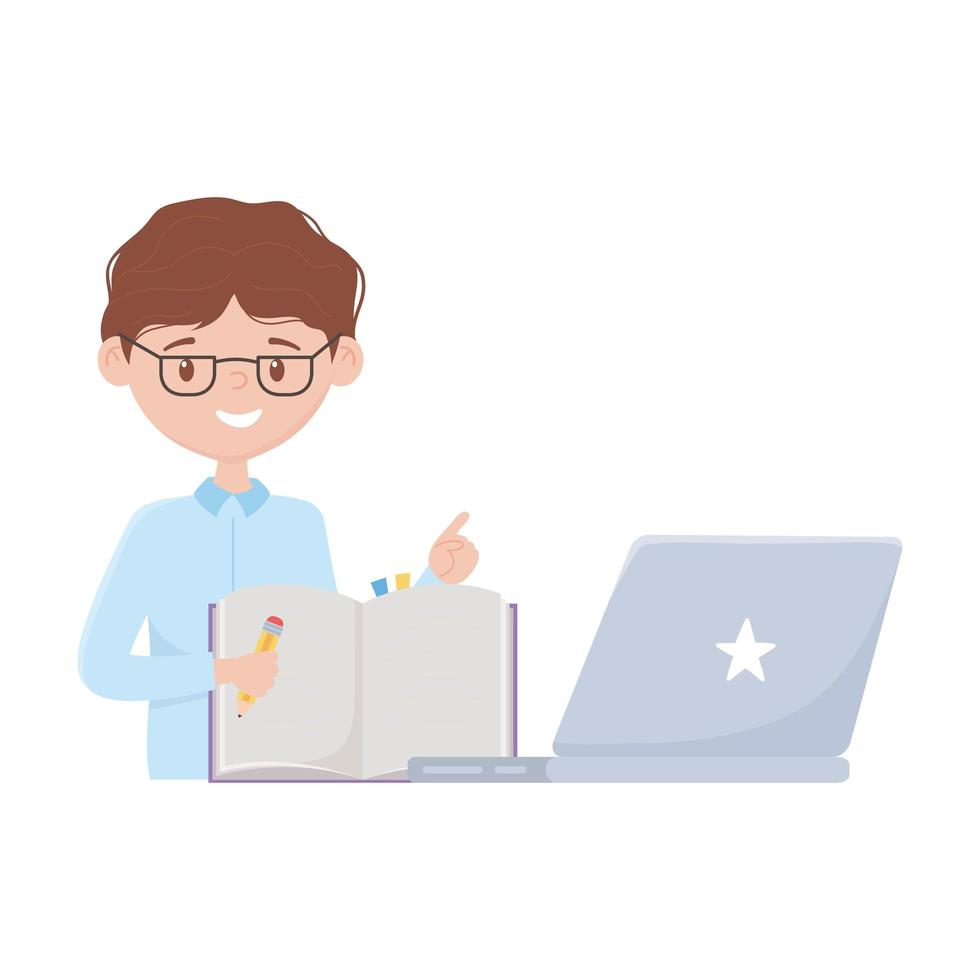 School boy with pencil book and laptop vector design