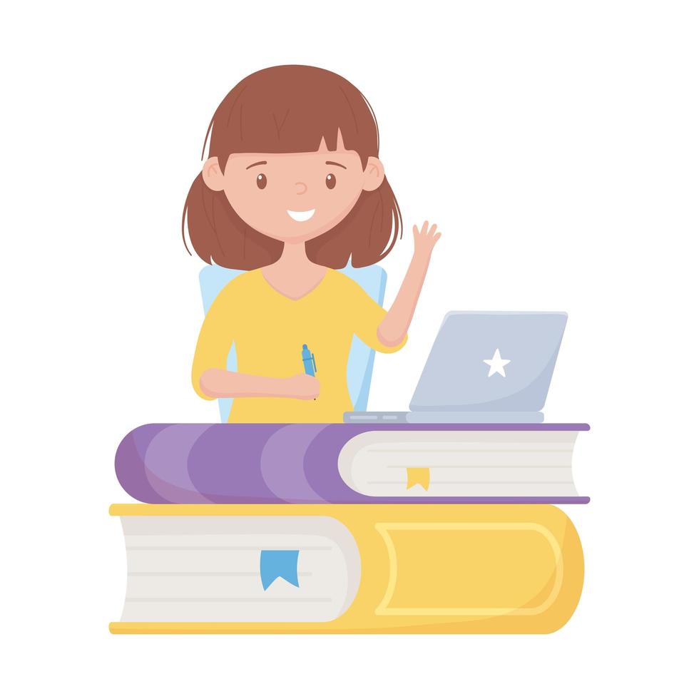 School girl with pen books and laptop vector design