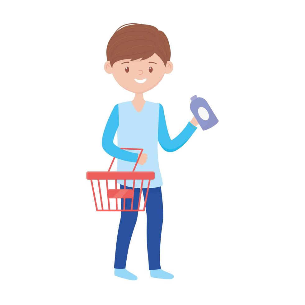 Man shopping with basket and soap bottle vector design