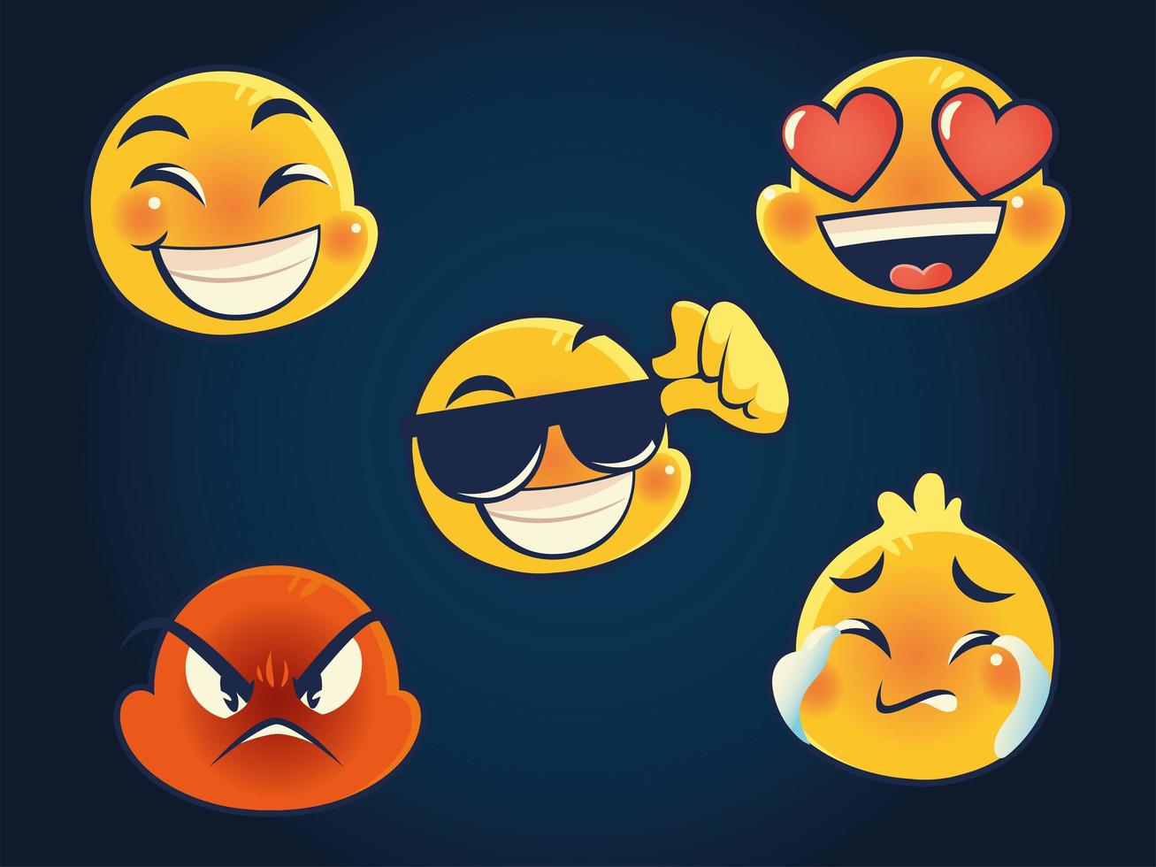 emoji caras expresión graciosas redes sociales amor enojado llorar feliz conjunto vector