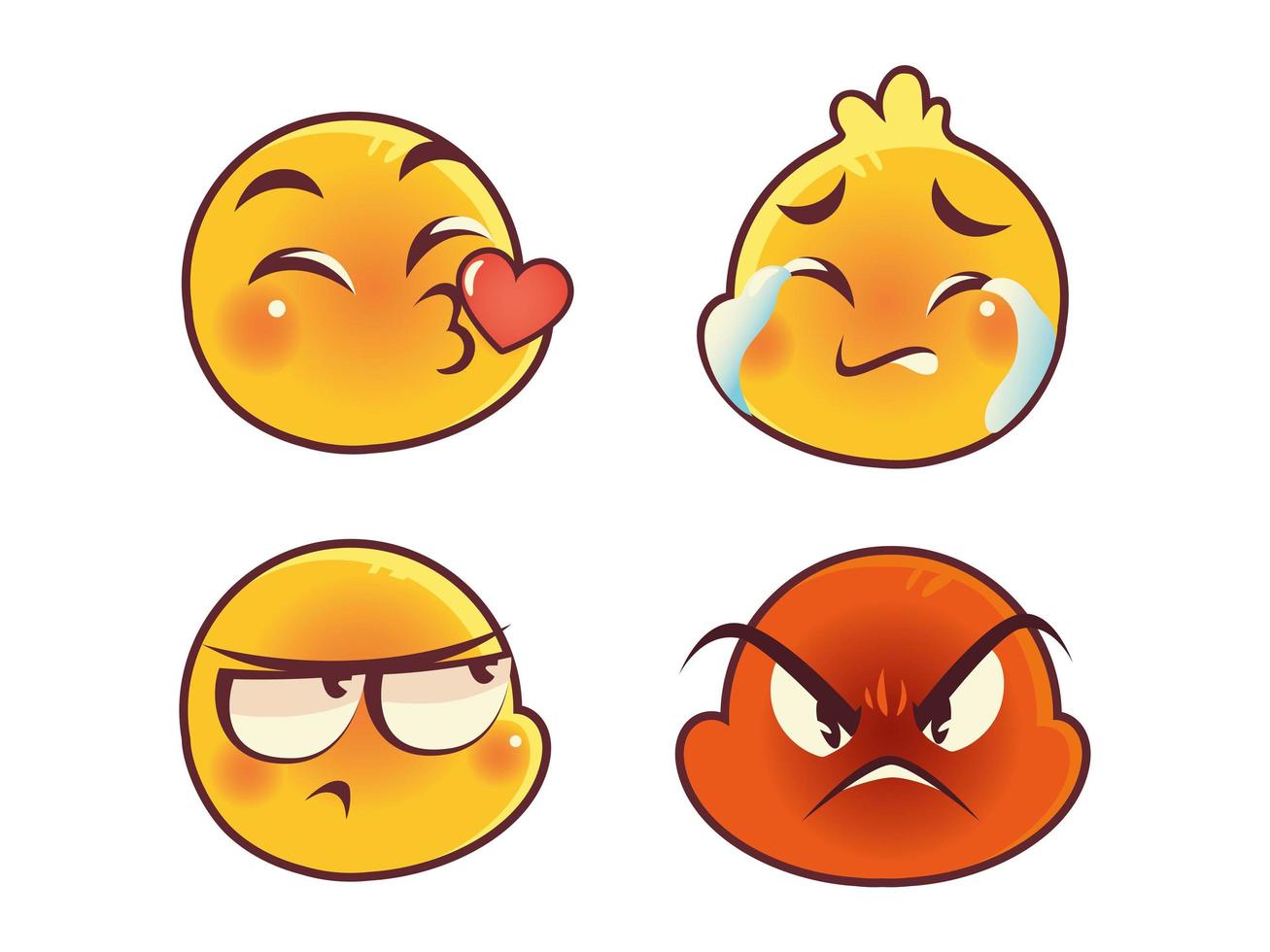 emoji caras expresión gracioso llorando enojado triste y beso conjunto vector