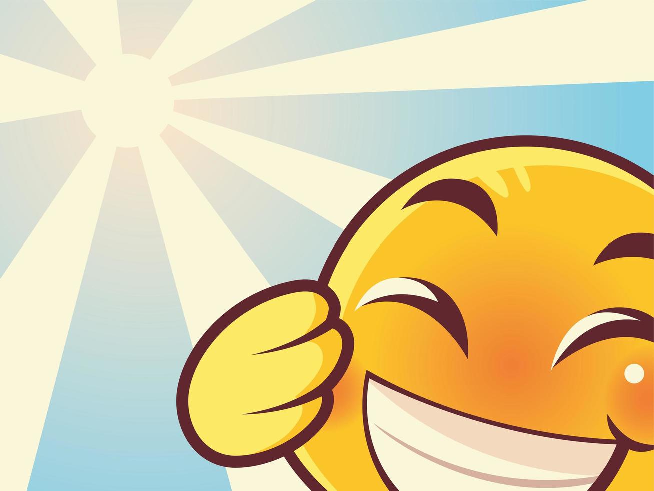 funny emoji, laughing emoticon face social media sunburst background vector