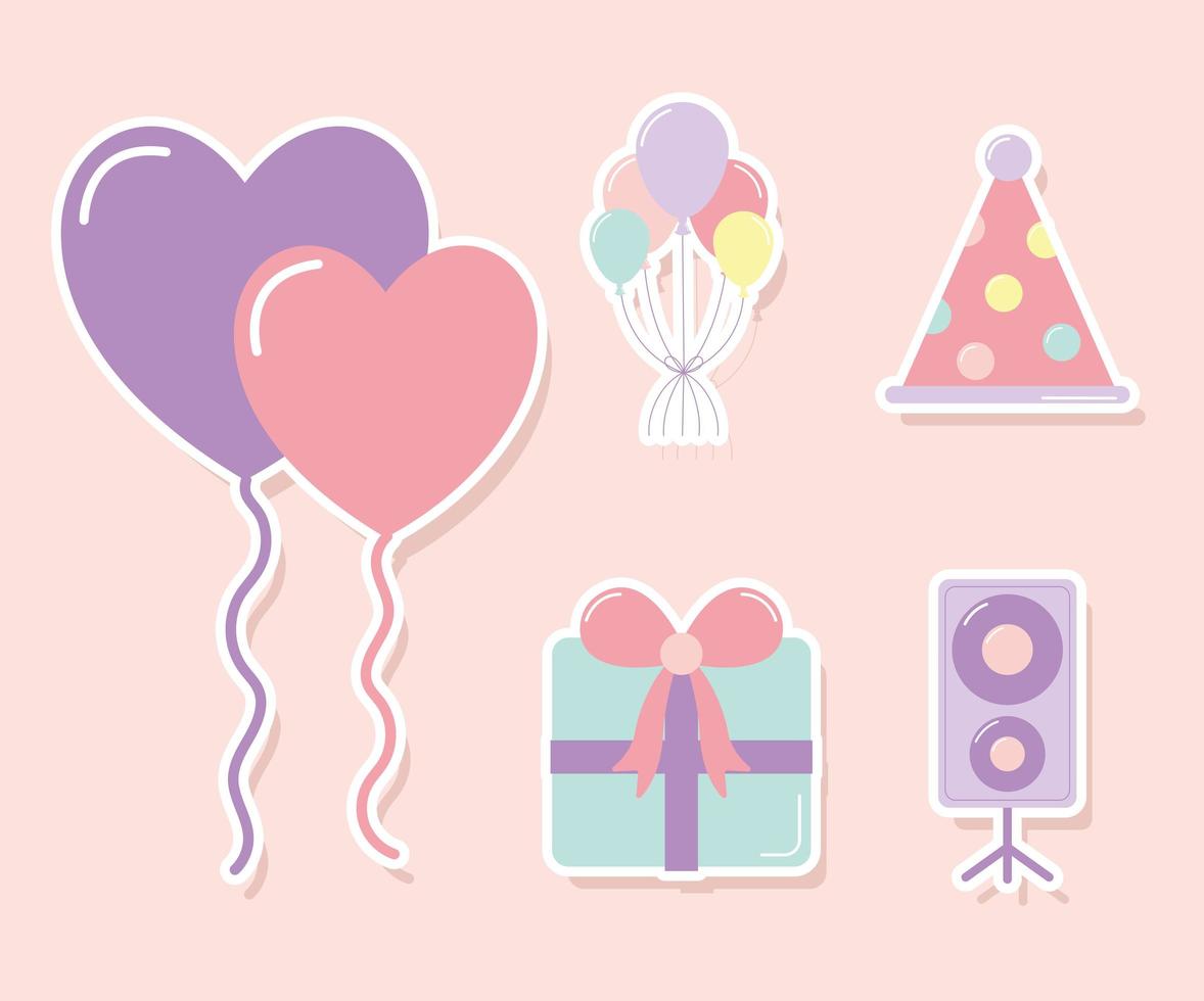 set of party icons on ligth pink background vector