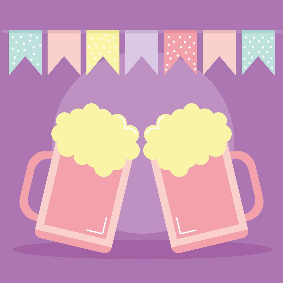 two beer mugs with a garland on top on purple background vector