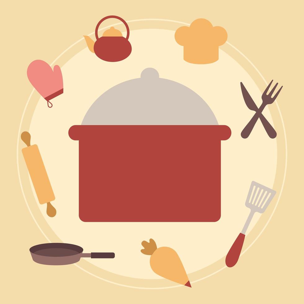 cooking pot with bundle of cooking icons around him vector