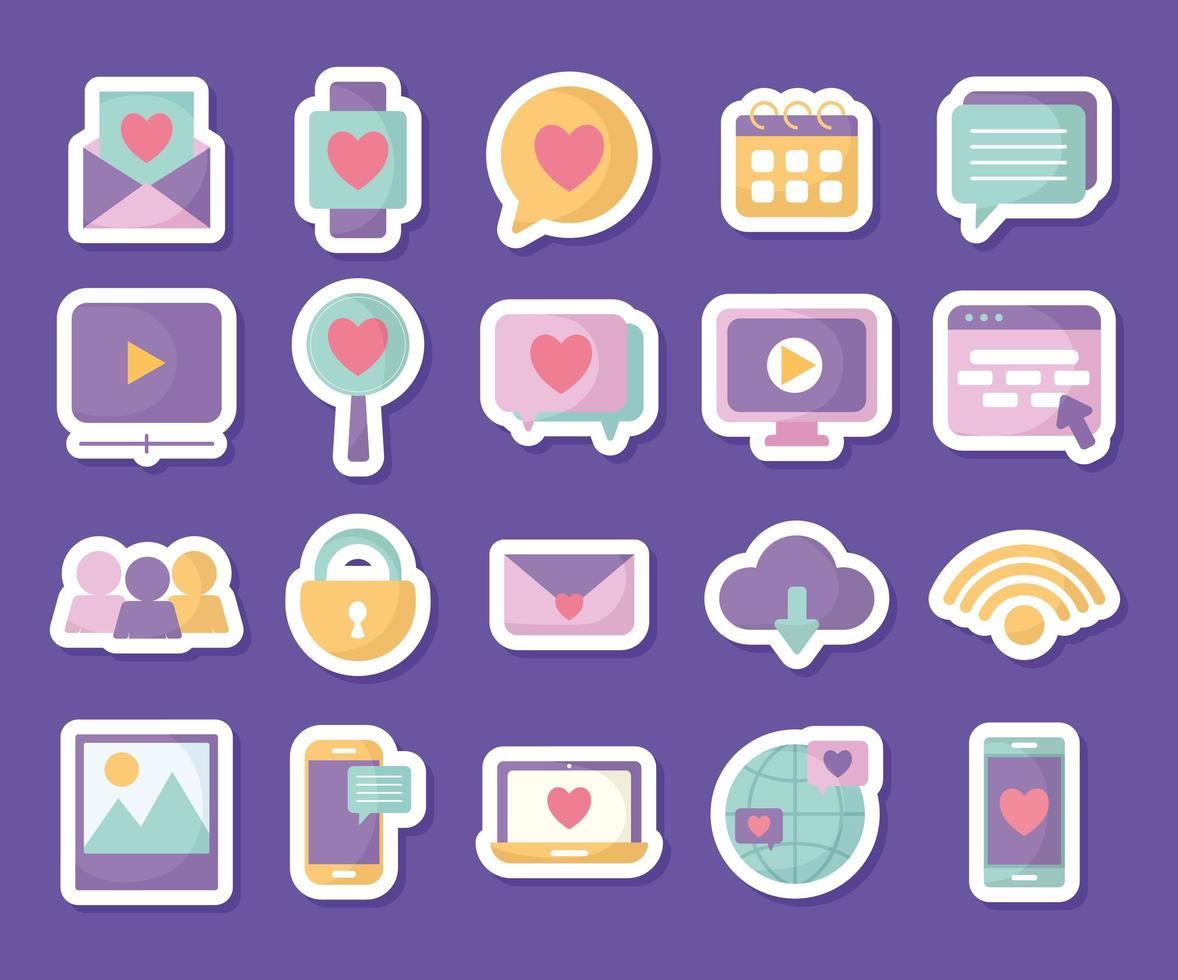 group of social media icons over a purple background vector