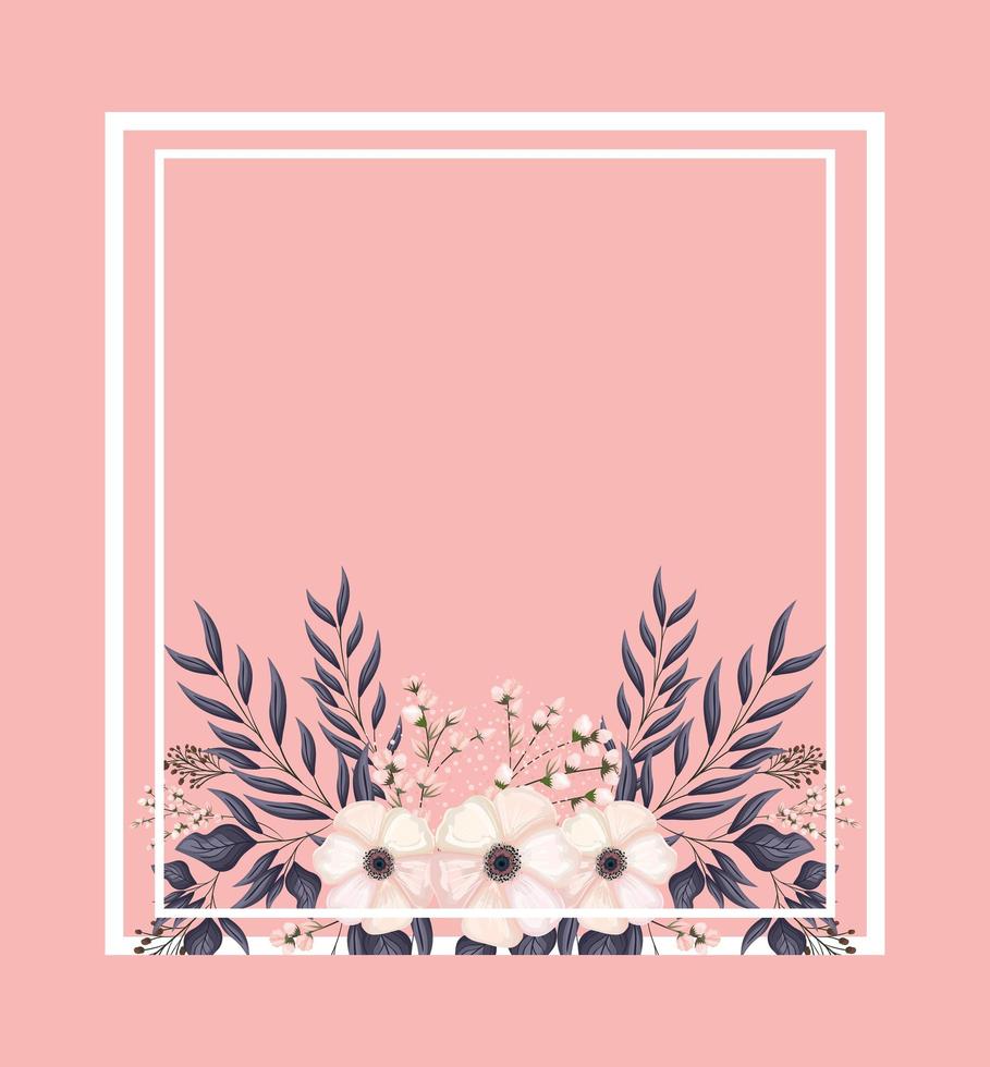 frame with white flowers buds and leaves painting vector design