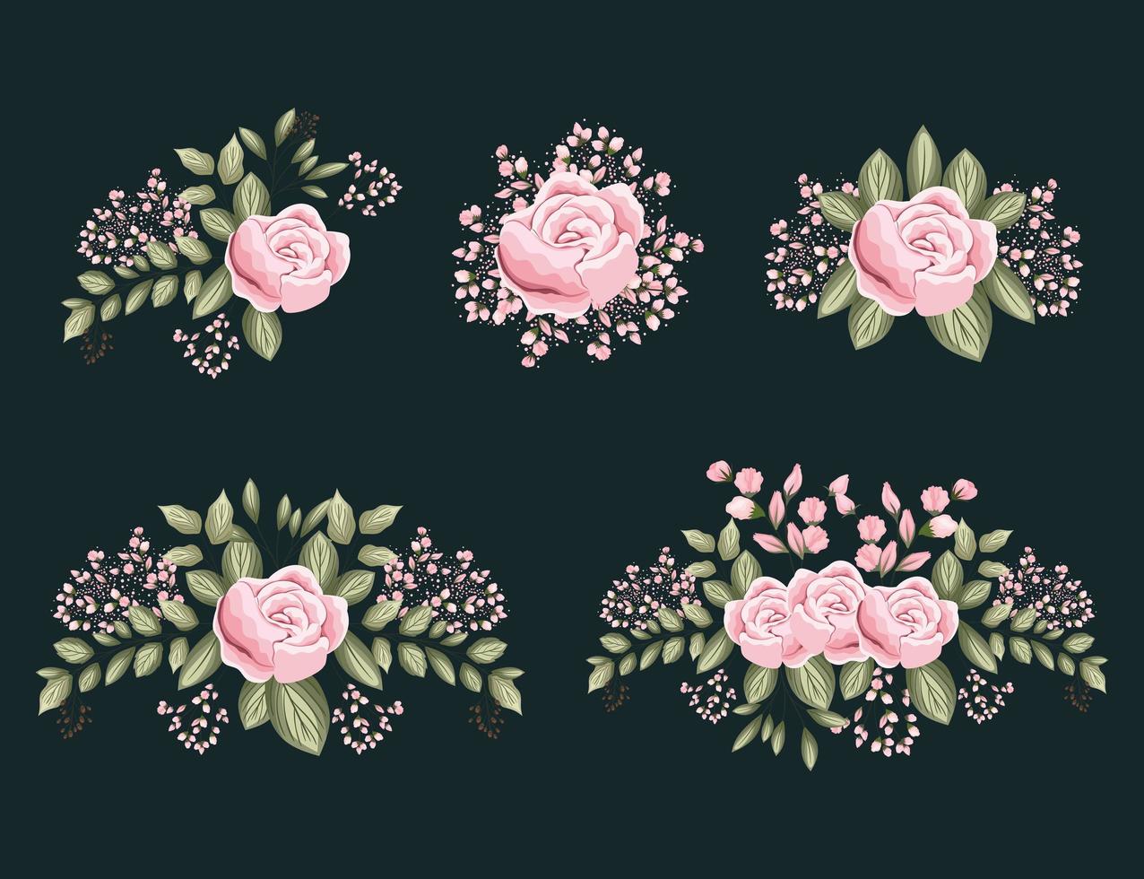 Conjunto de flores de color rosa rosa con hojas de pintura de diseño vectorial vector