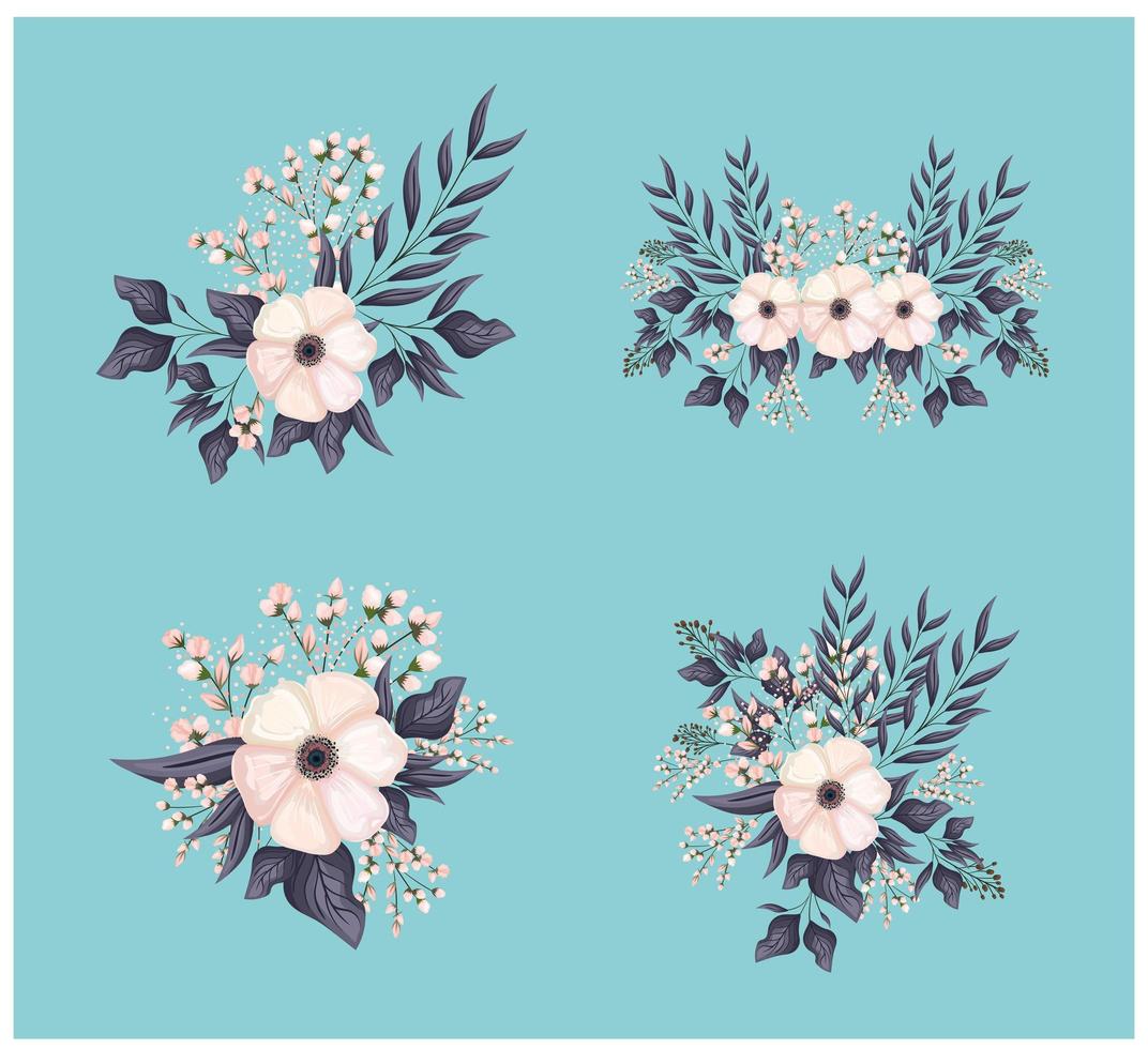 set of white flowers with buds and leaves painting vector design