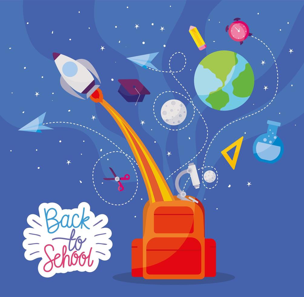 Bolsa con cohete y conjunto de iconos de diseño vectorial de regreso a la escuela vector