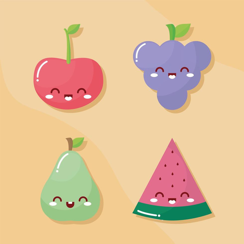 group of four kawaii fruits with a smile vector