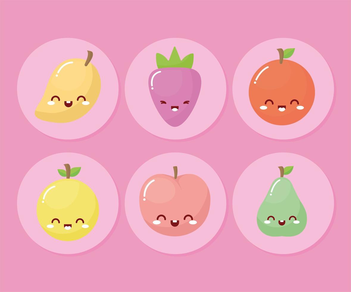 bundle of kawaii fruits with a smile vector