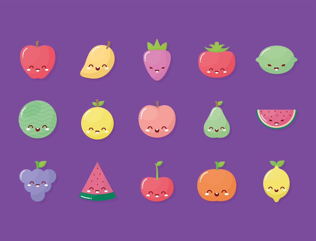 grupo de frutas kawaii con una sonrisa vector