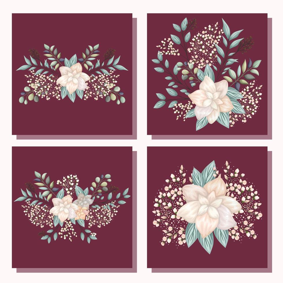 Conjunto de flores blancas con hojas pintadas en marcos de diseño vectorial vector