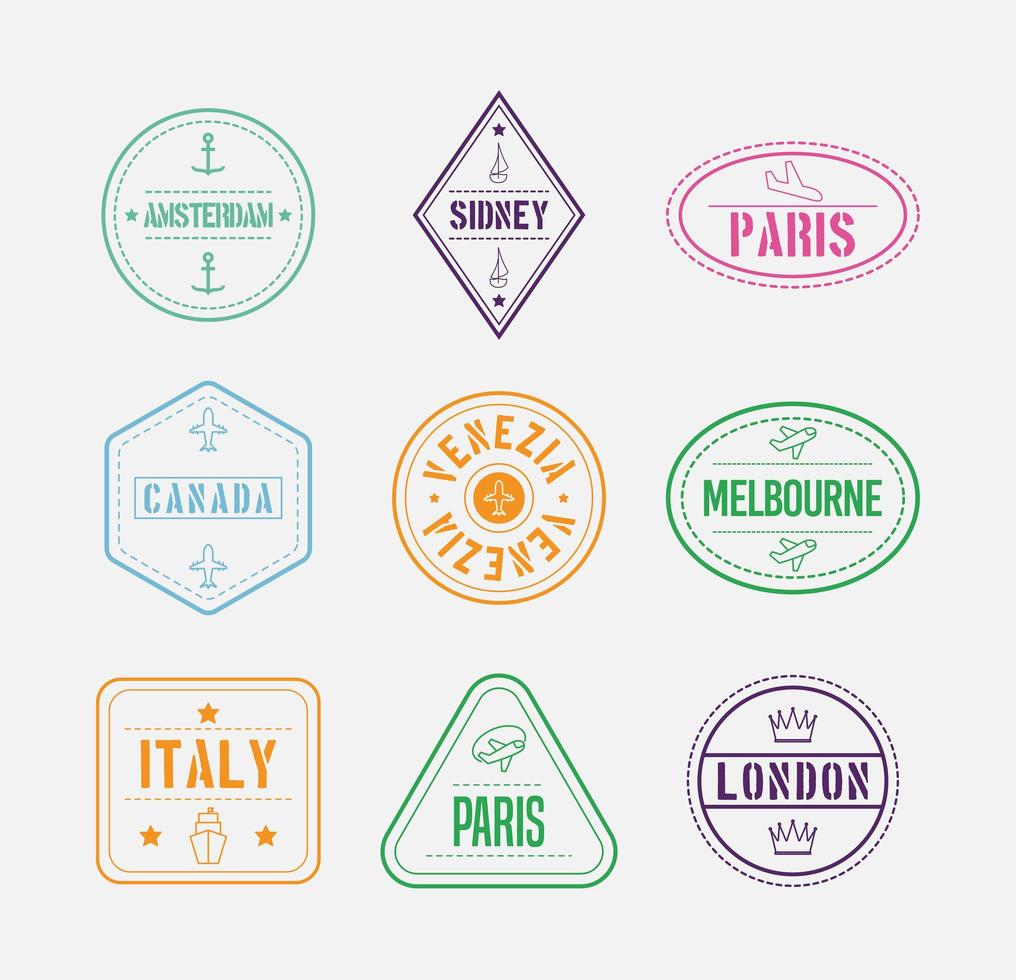 nine international stamps vector