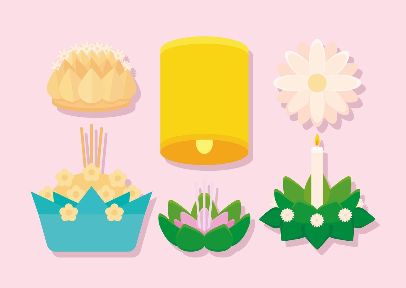 six loy krathong items vector