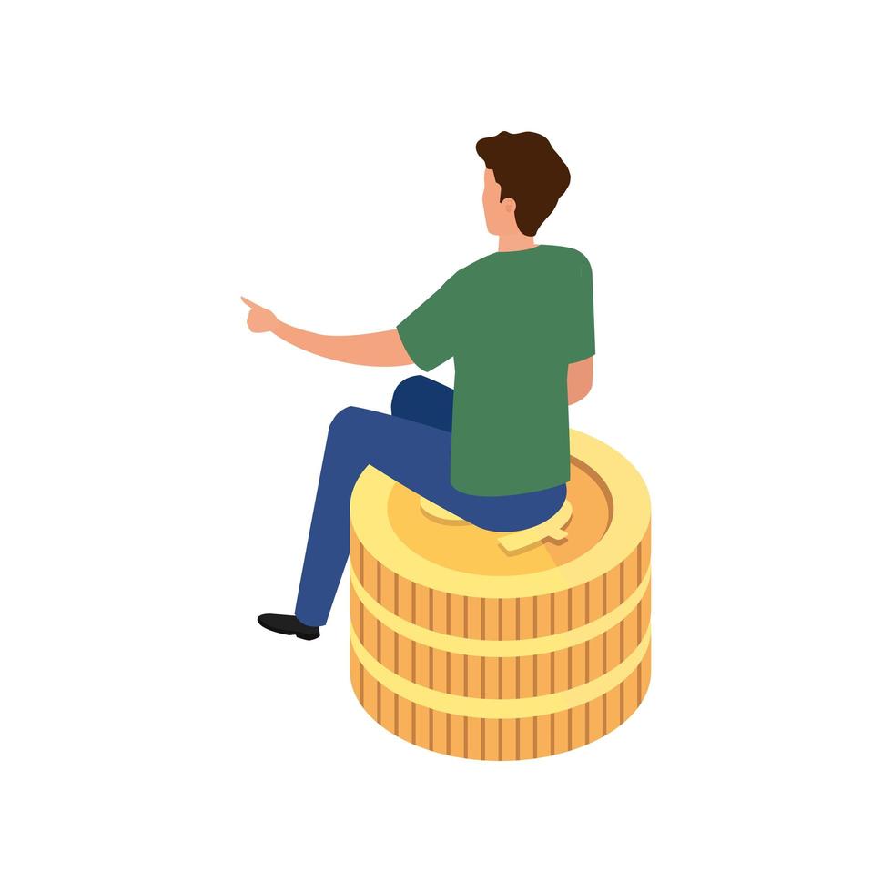 back young man sitting in stack coins vector
