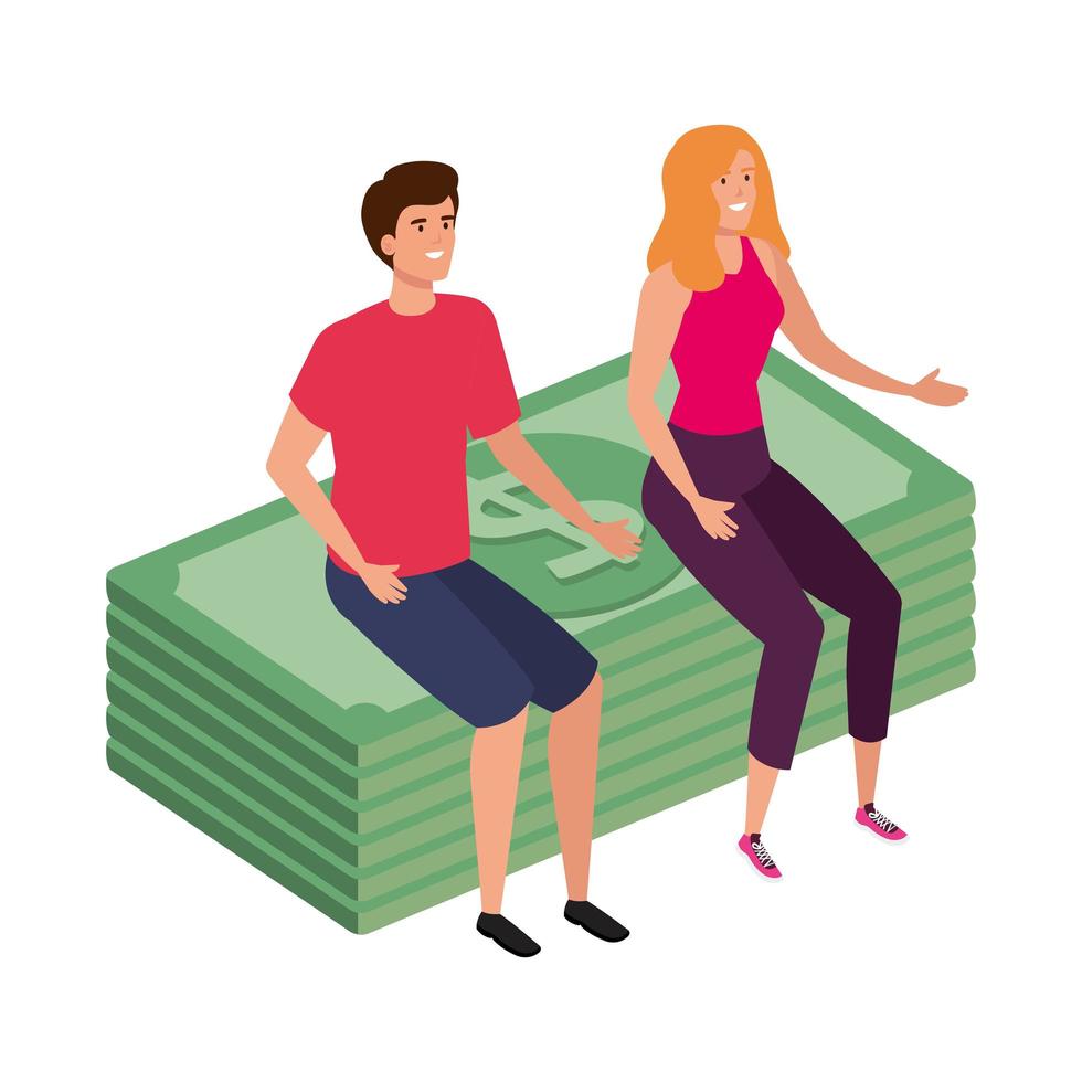 young couple sitting in stack bills finance vector