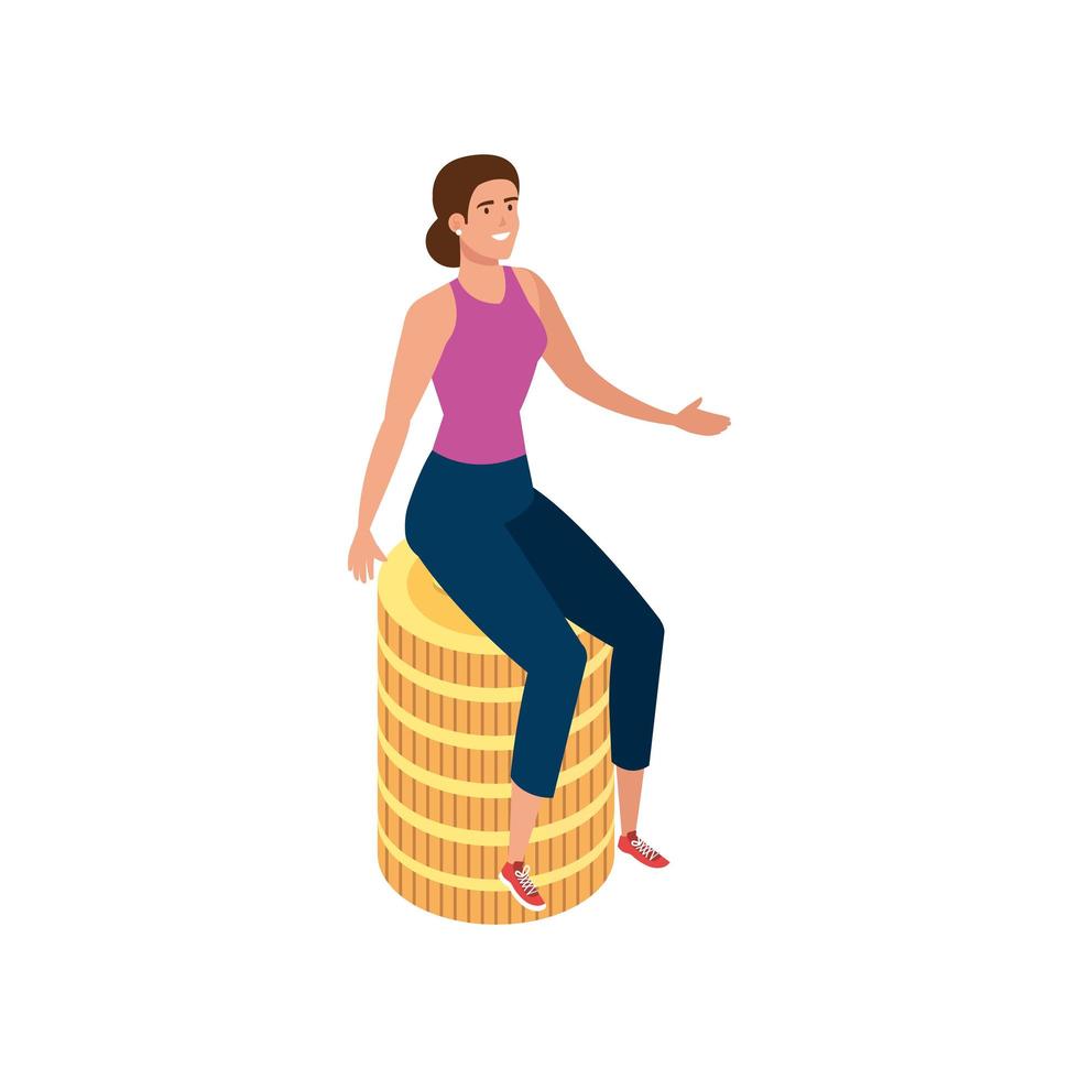 beautiful woman sitting in stack coins isolated icon vector