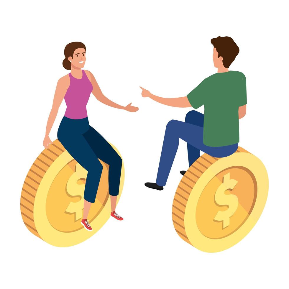 young couple with coins isolated icon vector