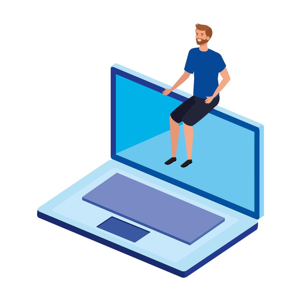 young man sitting in laptop computer vector