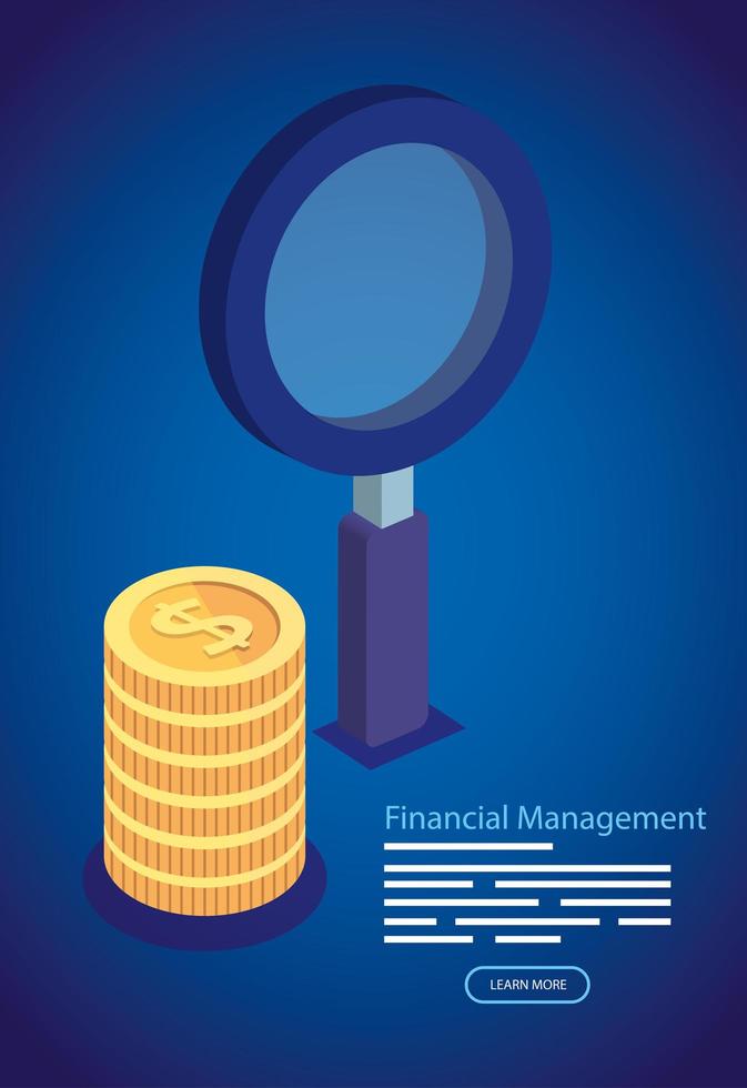 financial management with magnifying glass and pile coins vector