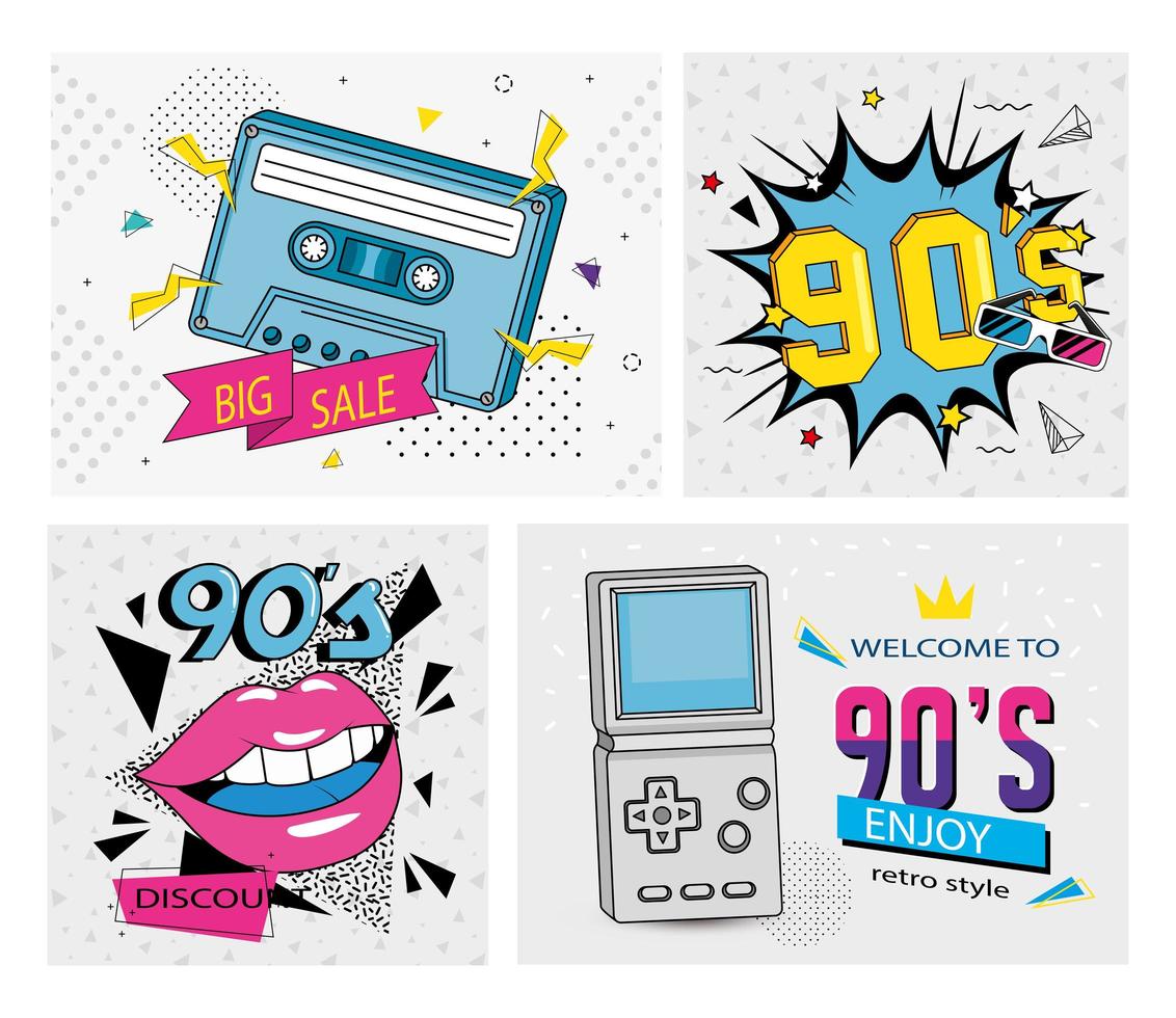 set poster of nineties retro style with icons vector