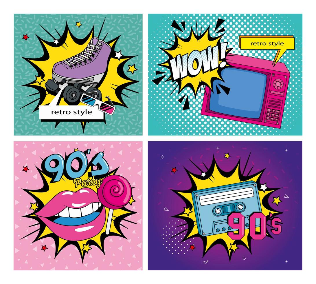 set poster of nineties retro style with icons vector