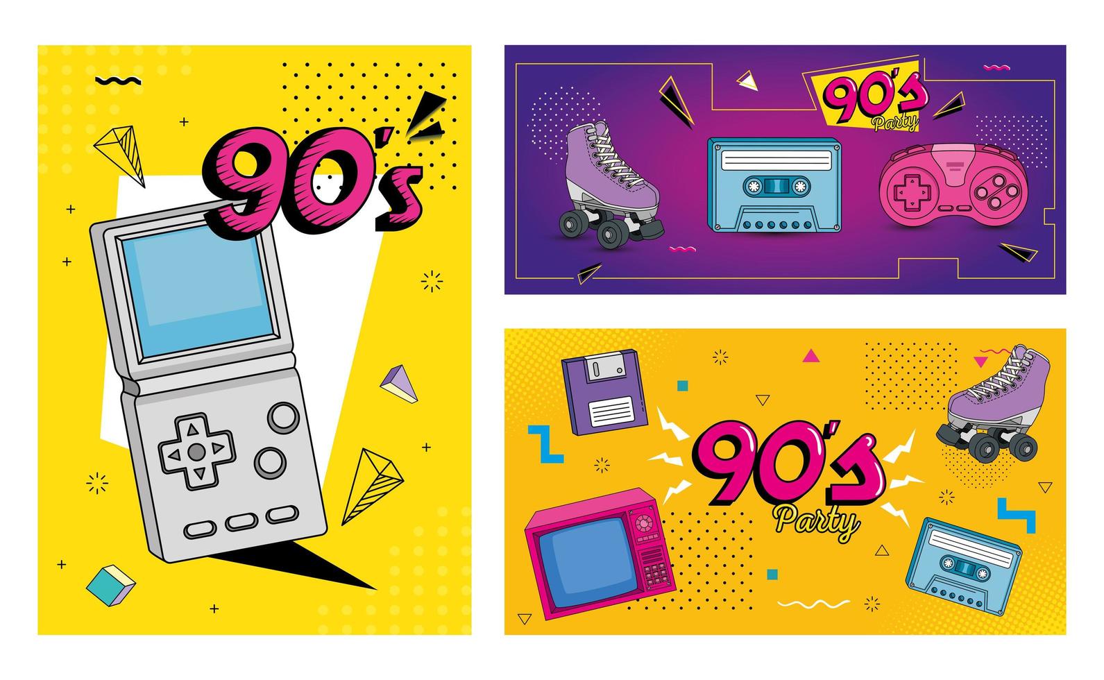 set poster of nineties retro style with icons vector