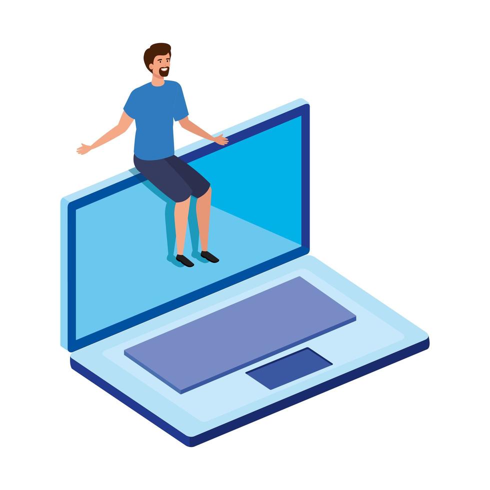 young man sitting in laptop computer vector
