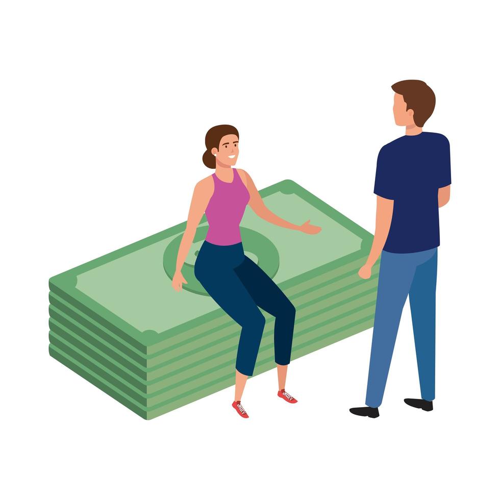 young couple with stack bills finance vector