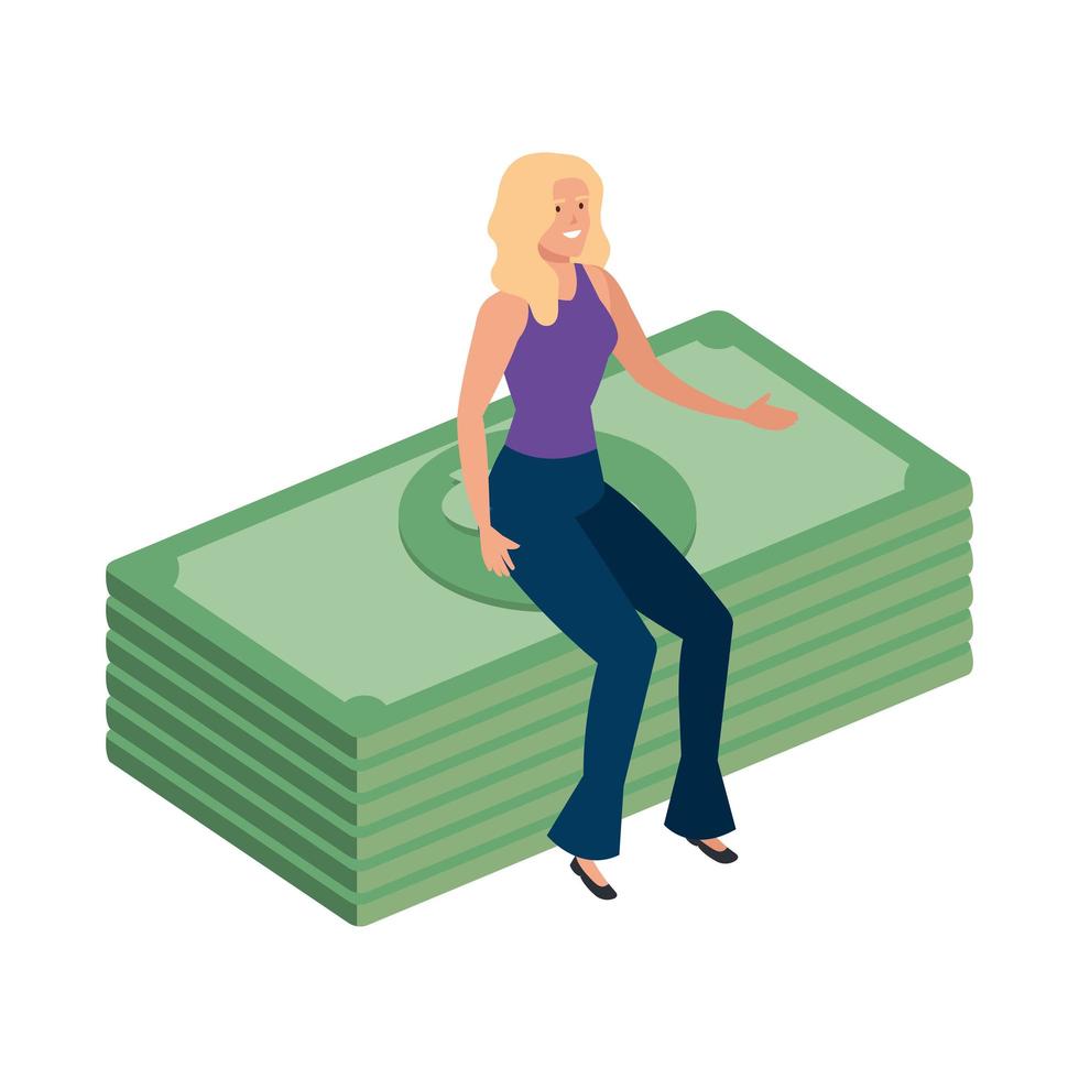 beautiful woman sitting in stack bills finance vector