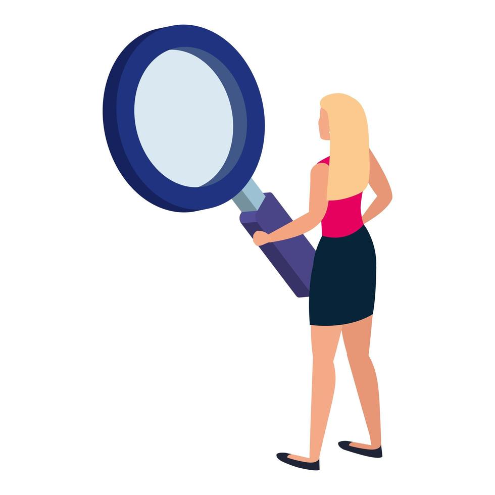 back beautiful woman with magnifying glass isolated icon vector