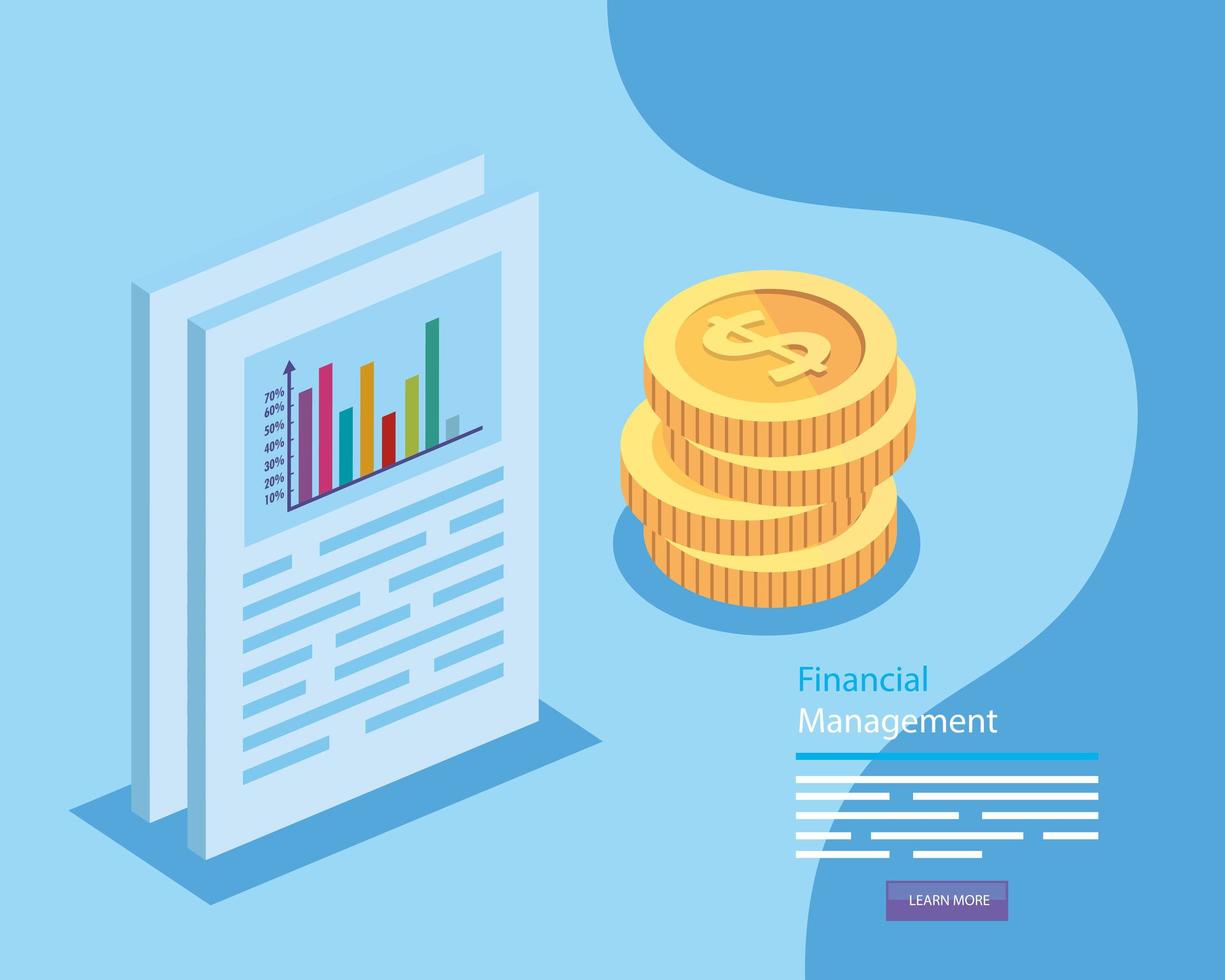 financial management with document and pile coins vector