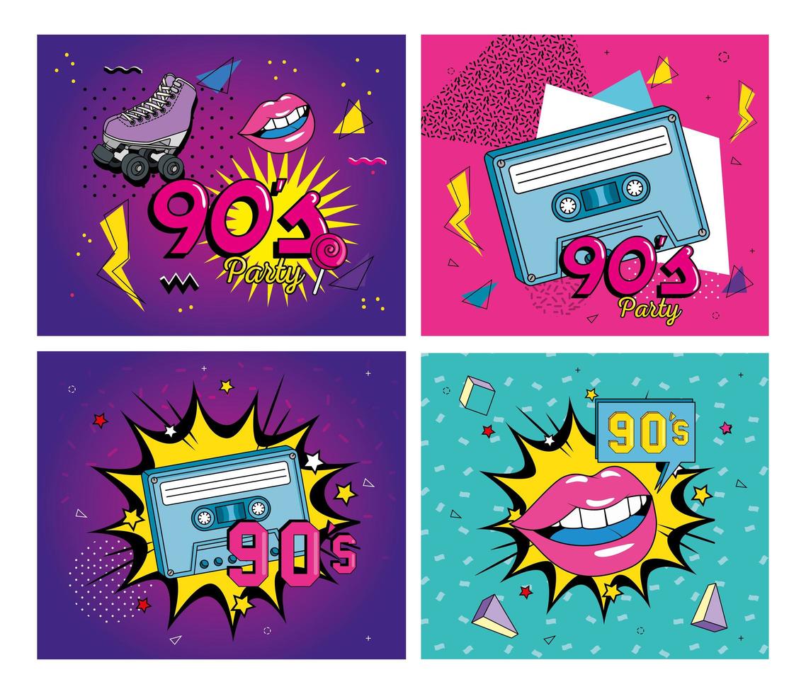 set poster of nineties retro style with icons vector