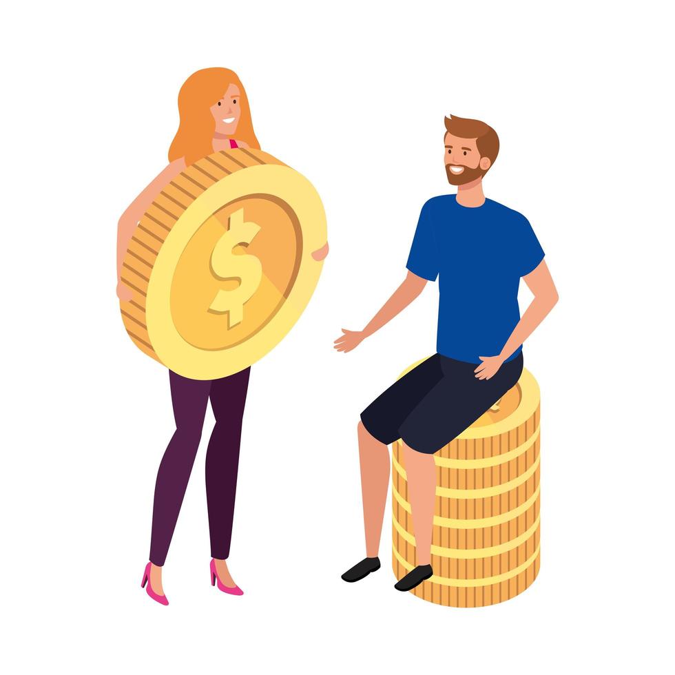 young couple with coins isolated icon vector