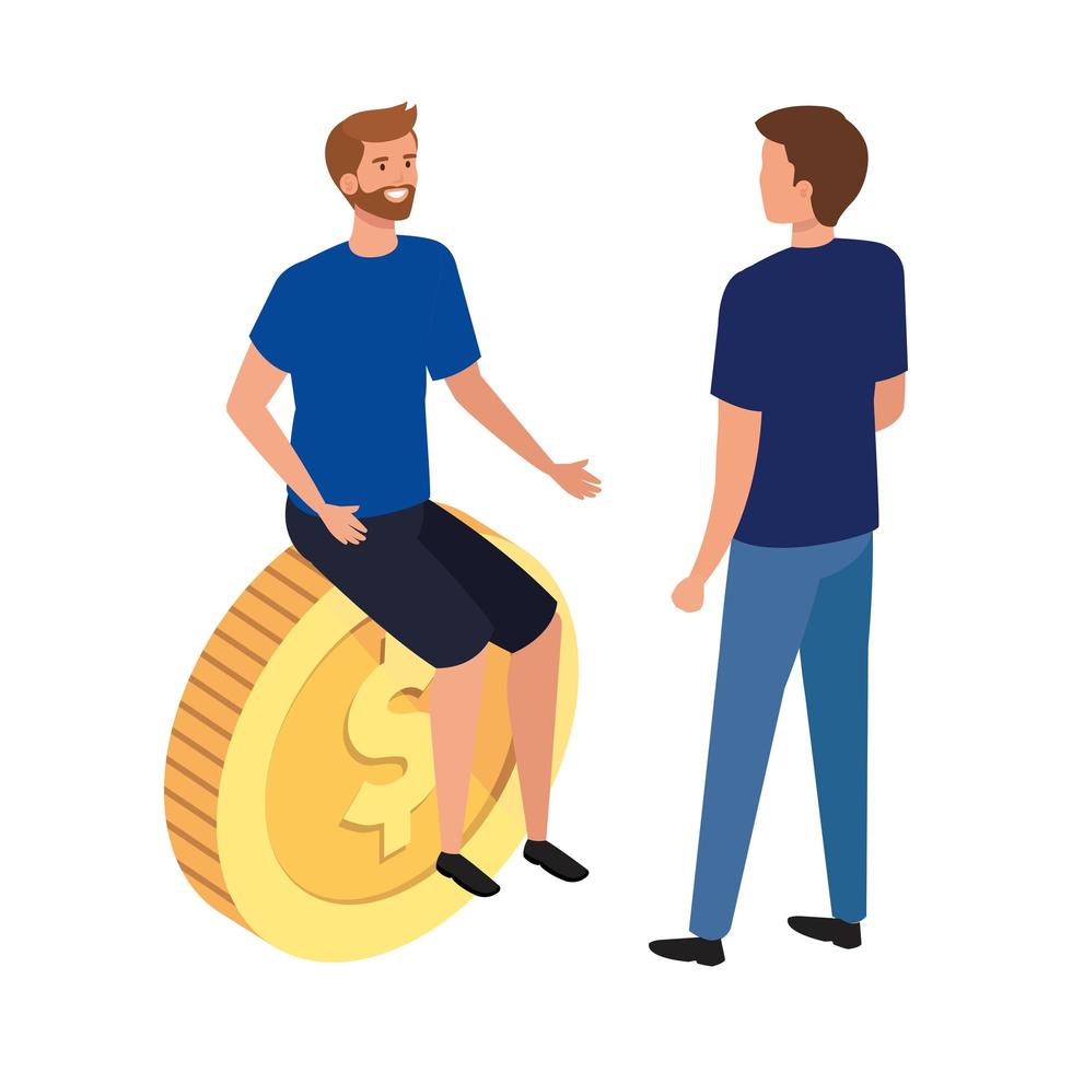 hombres jóvenes, con, moneda, aislado, icono vector