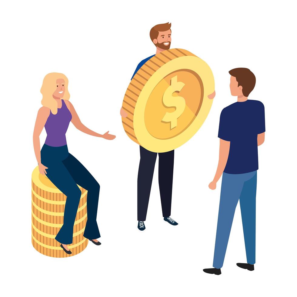 young people with coins isolated icon vector