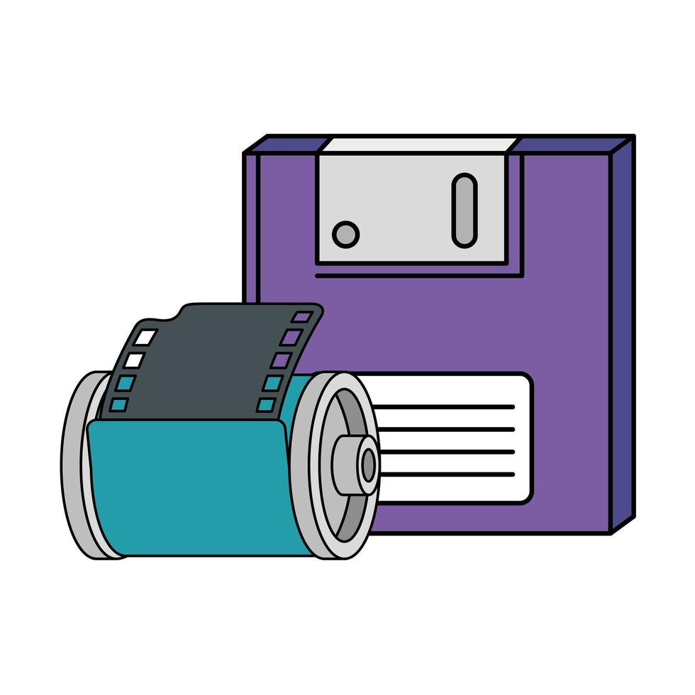 Disquete con cámara de rollo de los noventa icono aislado de estilo retro vector