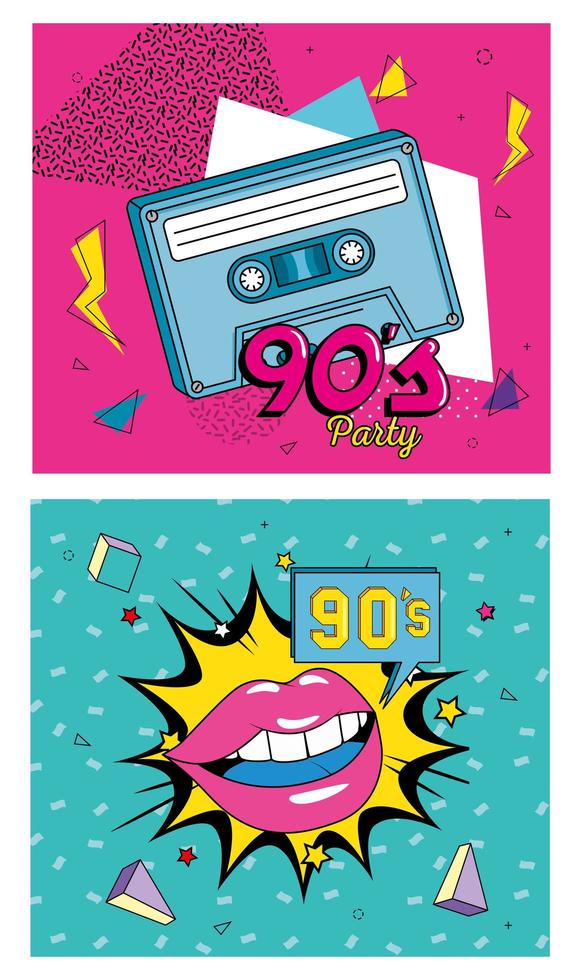 set poster of nineties retro style with icons vector