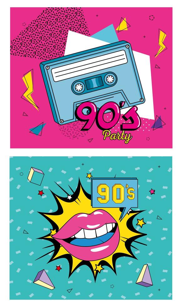 Establecer cartel de estilo retro de los noventa con iconos vector