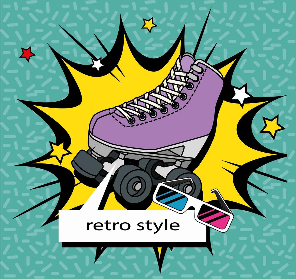 roller skate with glasses of nineties retro style vector