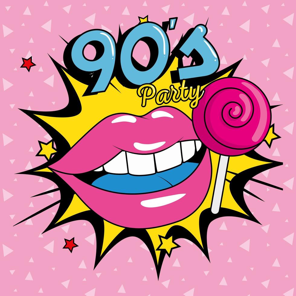 poster of party with lips and lollipop of nineties vector